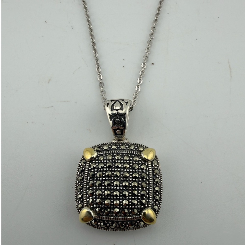 MARC 925 Sterling Silver & Gold Tone Marcasite Cushion Pendant Filigree Necklace